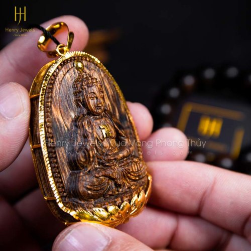 Mặt Phật A Di Đà trầm sánh chìm nước dầu vàng bọc vàng 10K bản đặc biệt