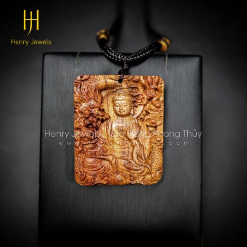Mặt dây chuyền Phật A Di Đà chạm khắc Rồng gỗ Sưa đỏ Việt Nam