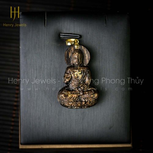 Mặt đeo cổ Trầm Hương Sánh chìm dầu vàng hình Phật A Di Đà bọc vàng